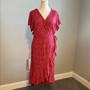 Red Floral Wrap Midi Dress